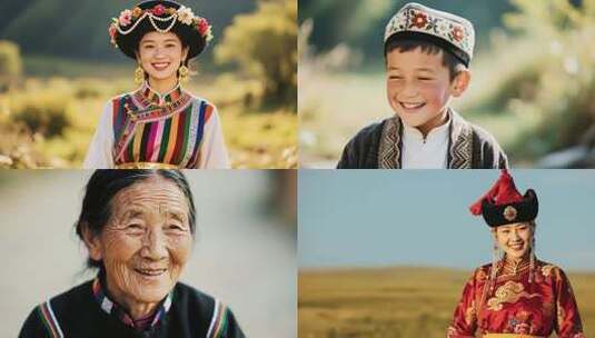 多民族服饰人物形象展示高清在线视频素材下载