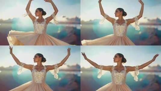 户外舞者穿纱裙优雅起舞高清在线视频素材下载