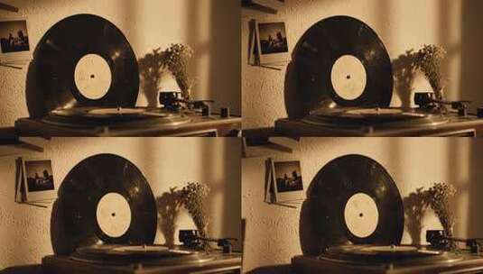 复古唱片机与黑胶唱片特写高清在线视频素材下载
