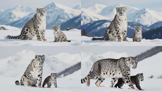 雪豹母子于雪山雪地中高清在线视频素材下载