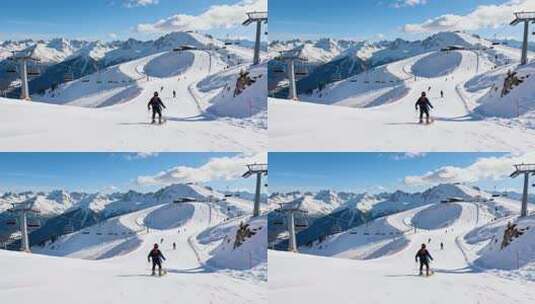 滑雪场滑雪者滑雪全景素材高清在线视频素材下载