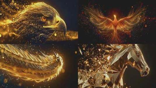 4K史诗特效：金色火焰粒子神兽与奔腾骏马高清在线视频素材下载