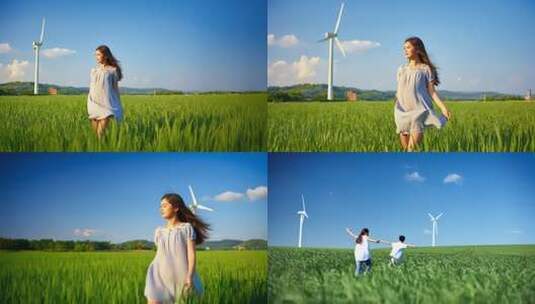 风车下的少女漫步田野 绿色有机 文艺女性高清在线视频素材下载
