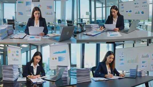 女商人办公室伏案分析数据高清在线视频素材下载