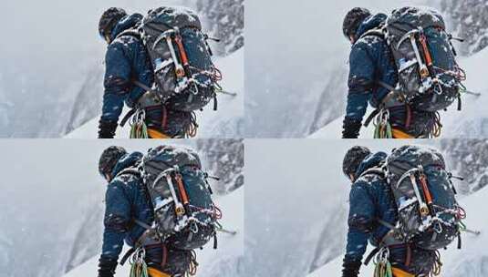 雪山中背着装备的登山者高清在线视频素材下载