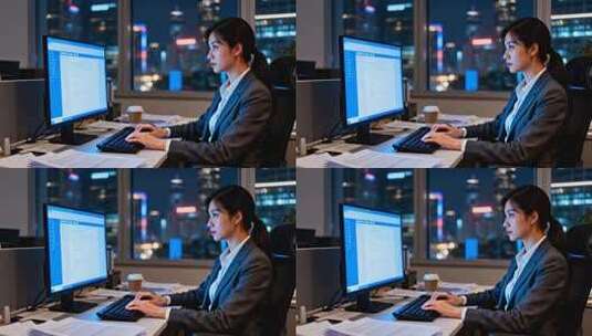 女商人夜晚办公使用电脑高清在线视频素材下载