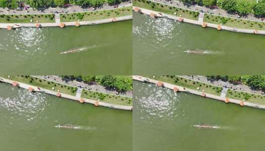 空中俯瞰龙舟在河道中行进高清在线视频素材下载