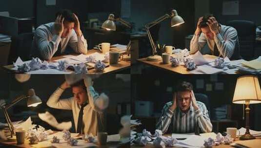 办公室男人加班抱头显疲惫高清在线视频素材下载