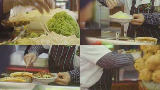 新疆汗巴扎小吃凉皮米皮凉面街边小吃高清在线视频素材下载