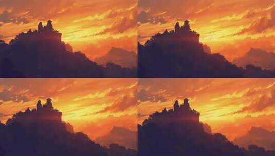 日落时分山间古建筑剪影高清在线视频素材下载