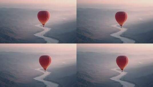 热气球飞跃山河迎接崭新的一天高清在线视频素材下载