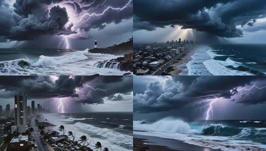 海边城市暴雨台风雨后乌云褪去延时合集4K高清在线视频素材下载