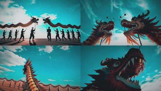 户外舞龙表演剪影画面高清在线视频素材下载