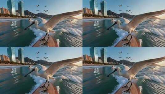 海鸥立于冲浪板上海岸风光高清在线视频素材下载