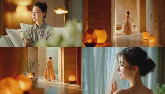 优雅女性居家日常 暖光下的静谧时光高清在线视频素材下载