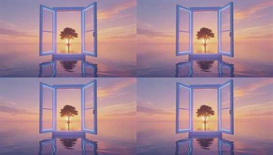 窗户生命树日落黄昏唯美意境概念视频高清在线视频素材下载