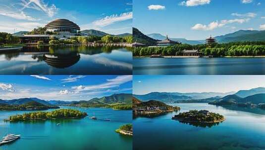 湖边现代建筑全景高清在线视频素材下载