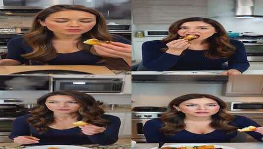 女性厨房中手持食物特写高清在线视频素材下载