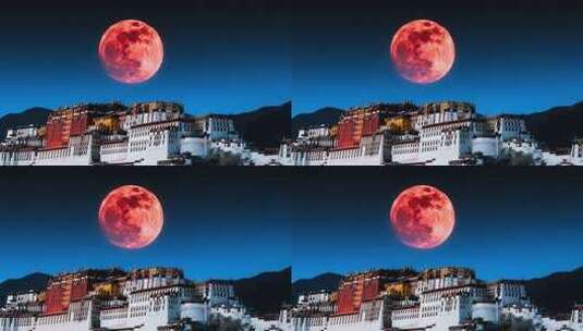 布达拉宫上空的红月亮高清在线视频素材下载