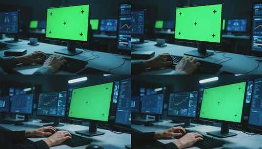 人在电脑前工作绿屏画面高清在线视频素材下载