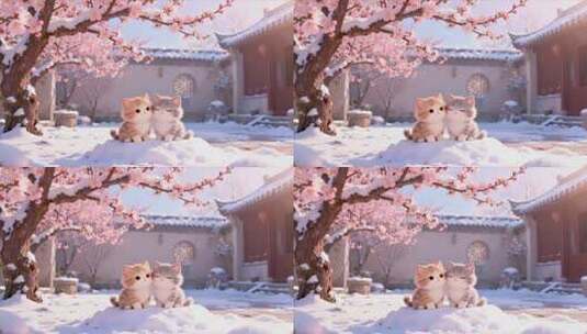 古风庭院雪中小猫高清在线视频素材下载
