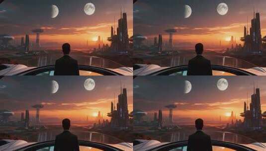 男子眺望未来科幻城市景观高清在线视频素材下载