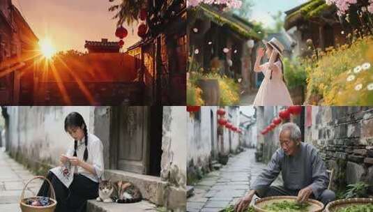 夕阳下挂红灯笼的古街景象高清在线视频素材下载