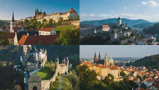 捷克风光壮丽的中世纪城堡风光古堡建筑群高清在线视频素材下载