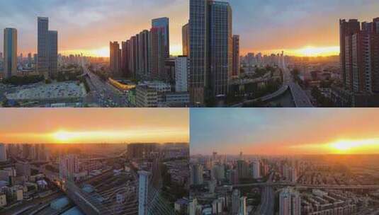 河南郑州二七区城市天际线夕阳航拍高清在线视频素材下载