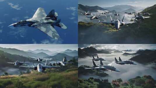 多架战斗机山间飞行空中巡航山谷飞行高清在线视频素材下载