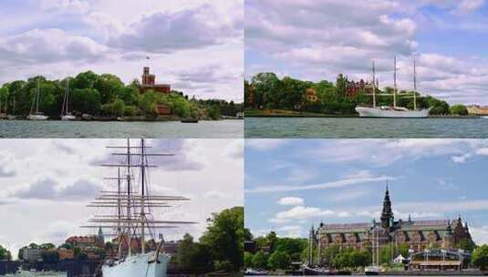 瑞典斯德哥尔摩河畔白帆船与沿岸建筑景观高清在线视频素材下载