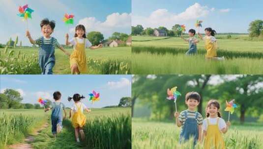 田野中儿童手持风车奔跑高清在线视频素材下载