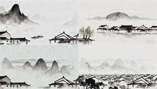 水墨意境江南古镇徽派建筑高清在线视频素材下载