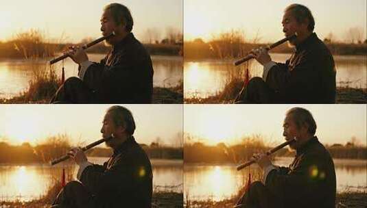 重阳节老人吹箫传统乐器演奏视频高清在线视频素材下载