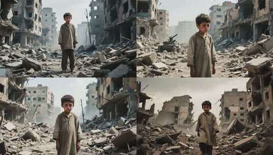 废墟中站立的小男孩高清在线视频素材下载