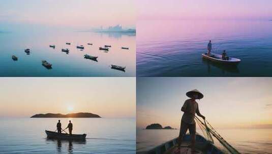 湖面夕阳捕鱼渔村渔民小船渔船撒网高清在线视频素材下载