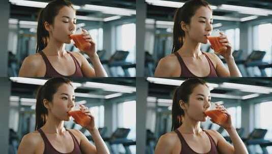 女孩健身房喝果汁健康生活方式视频高清在线视频素材下载