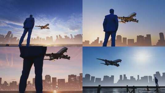 飞机飞过成功人士的头顶高清在线视频素材下载