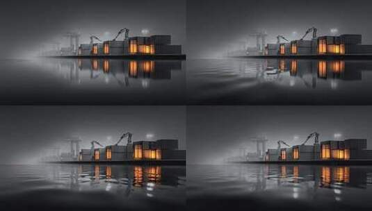 港口集装箱码头夜景与水面镜像高清在线视频素材下载