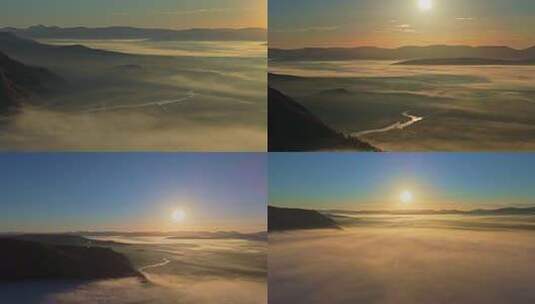 阿尔山平流雾、晨雾4K航拍素材高清在线视频素材下载