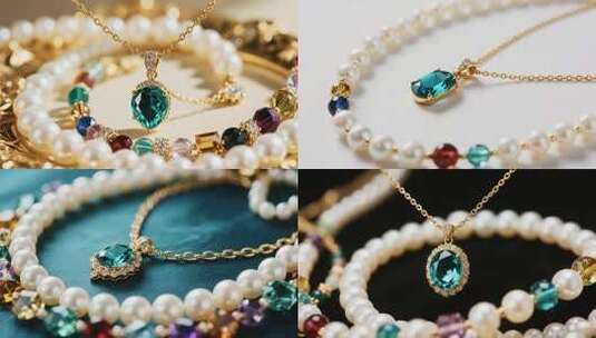 多彩宝石珍珠项链首饰特写高清在线视频素材下载