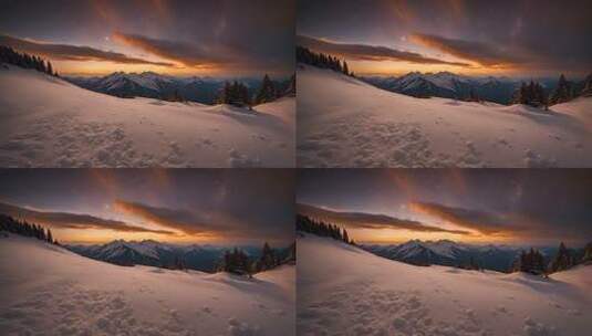 雪山雪地森林日出景象高清在线视频素材下载