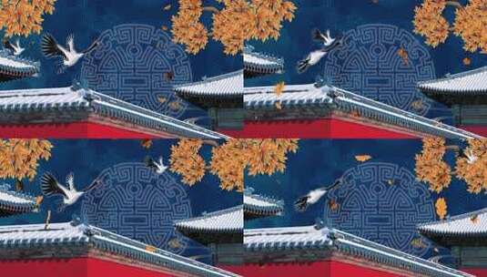 中式古建筑与飞鹤背景画面高清在线视频素材下载