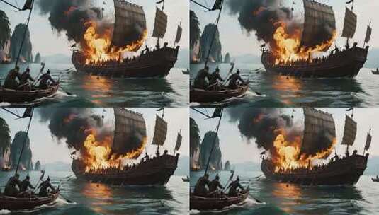 海上燃烧的帆船战斗场景高清在线视频素材下载