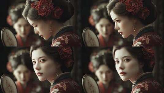 唐朝丽人对镜梳妆古典唯美意境深远高清在线视频素材下载