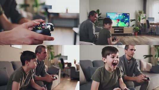 父子客厅玩视频游戏场景高清在线视频素材下载