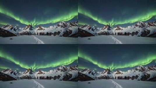 雪山极光下的人群景观高清在线视频素材下载