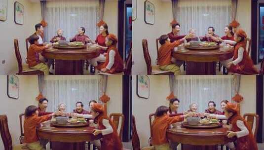 4k新年春节一家人吃年夜饭碰杯庆祝新年高清在线视频素材下载