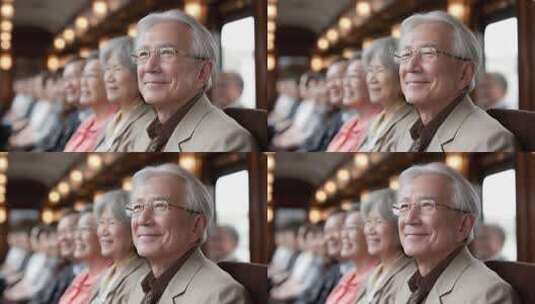 老年人在复古火车车厢中享受旅途高清在线视频素材下载