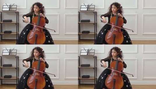 小女孩室内演奏大提琴高清在线视频素材下载